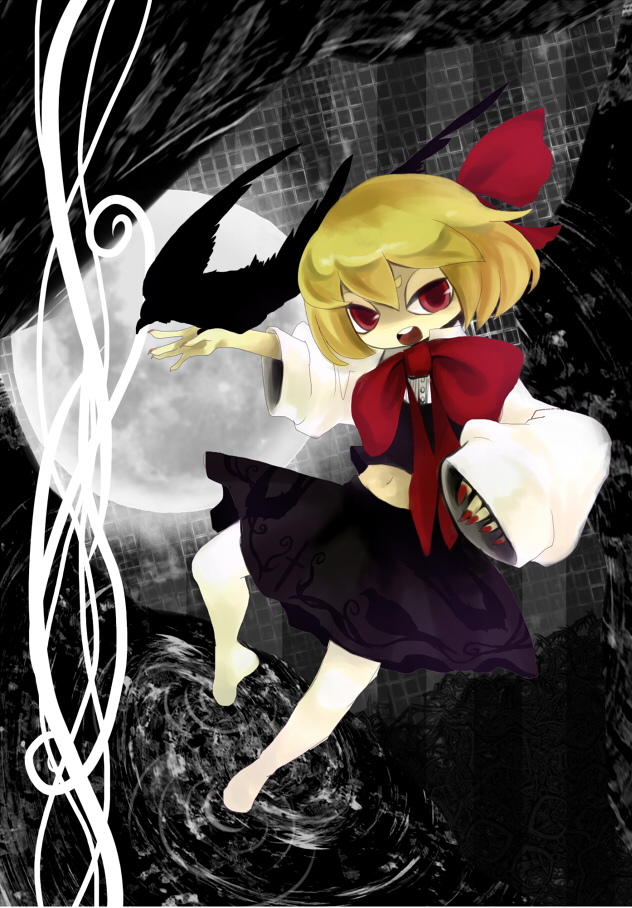 1008 (noble), chiba (noble), rumia, embodiment of scarlet devil, touhou, bad id, bad pixiv id, 1girl, barefoot, bird, bird on hand, blonde hair, crow, darkness, female focus, hair ribbon, magic, red eyes, ribbon, short hair, solo
