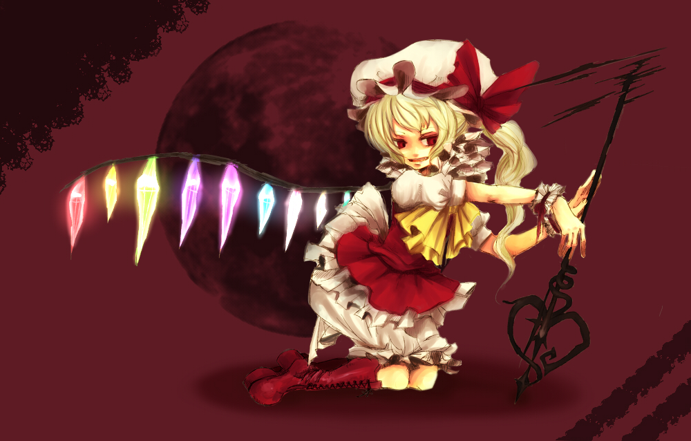 1008 (noble), chiba (noble), flandre scarlet, touhou, bad id, bad pixiv id, 1girl, blonde hair, blouse, boots, female focus, hat, knee boots, mob cap, ponytail, red boots, red eyes, shirt, short hair, side ponytail, solo, white hat, white shirt, wings