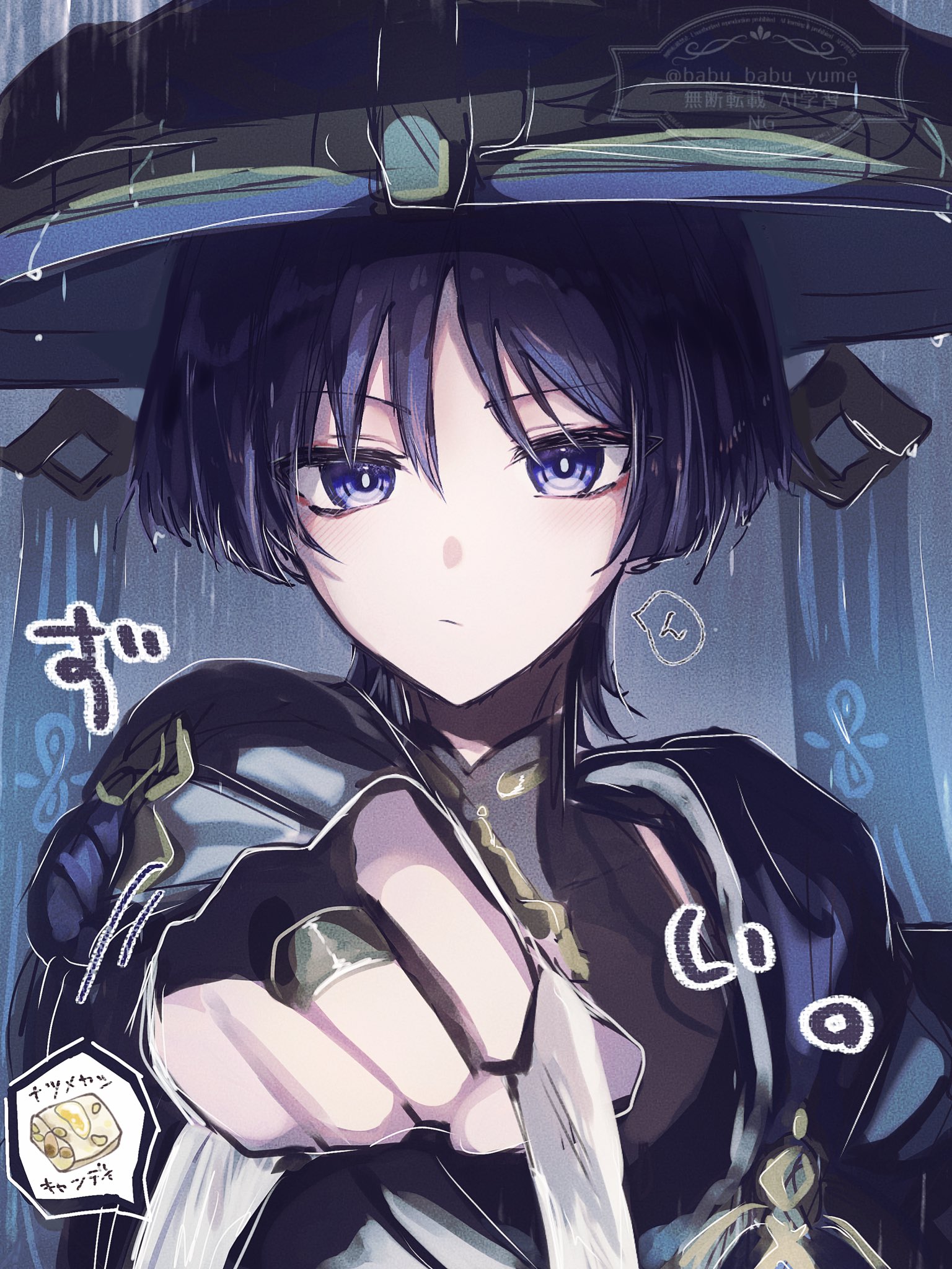 babu babu yume, scaramouche (genshin impact), wanderer (genshin impact), genshin impact, highres, translation request, 1boy, bag, black bodysuit, black bridal gauntlets, black hair, blue cape, blue hat, blunt ends, bodysuit, bridal gauntlets, bright pupils, candied ajilenakh nut (genshin impact), cape, clenched hand, closed mouth, expressionless, eyeliner, eyeshadow, gold, gold ring, grey background, hat, holding, holding bag, incoming food, japanese clothes, jingasa, kimono, light blush, looking at viewer, makeup, male focus, mandarin collar, middle ring, outdoors, plastic bag, portrait, purple eyes, purple rope, rain, raised eyebrow, red eyeliner, red eyeshadow, rope, shoulder peek, solo, spoken food, straight-on, tsurime, twitter username, watermark, white kimono, white pupils, white sleeves