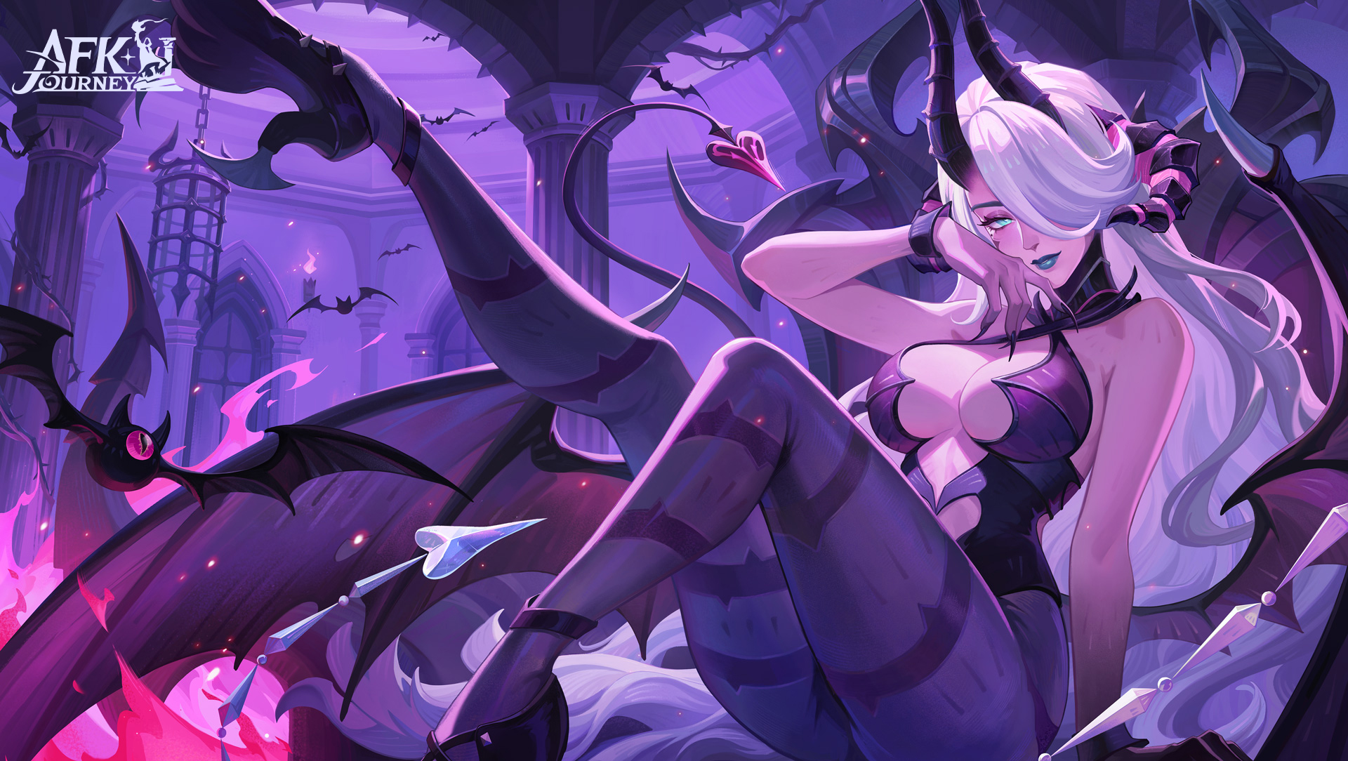 afk (series), afk journey, commentary, english commentary, highres, official art, 1girl, aqua eyes, aqua lips, arm support, asymmetrical bangs, bare shoulders, bat (animal), black horns, black leotard, black shoes, black wings, blush, breasts, cage, chain, cleavage, cleavage cutout, clothing cutout, colored extremities, colored skin, column, copyright logo, copyright name, demon girl, demon horns, demon tail, demon wings, eyelashes, eyeshadow, fingernails, fire, gradient hair, grey hair, hair over one eye, hand up, high heels, highleg, highleg leotard, horns, indoors, knee up, large breasts, leg up, leotard, lipstick, logo, long hair, looking at viewer, makeup, mehira (afk), mole, mole under eye, multicolored hair, multiple horns, navel cutout, one-eyed, one eye covered, pantyhose, parted bangs, parted lips, pillar, pink fire, plant, purple eyeshadow, purple hair, purple pantyhose, purple skin, sharp fingernails, shoes, sitting, smile, solo, spiked wings, tail, throne, torn wings, very long fingernails, very long hair, vines, window, wings
