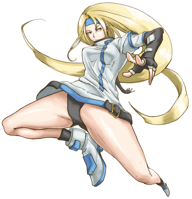 komo-ikenoko, millia rage, arc system works, guilty gear, guilty gear x, guilty gear xx, 1girl, black panties, blonde hair, blue eyes, boots, breasts, buckle, elbow gloves, female focus, fingerless gloves, foreshortening, full body, gloves, headband, legs, long hair, panties, pantyshot, simple background, solo, underwear, white background