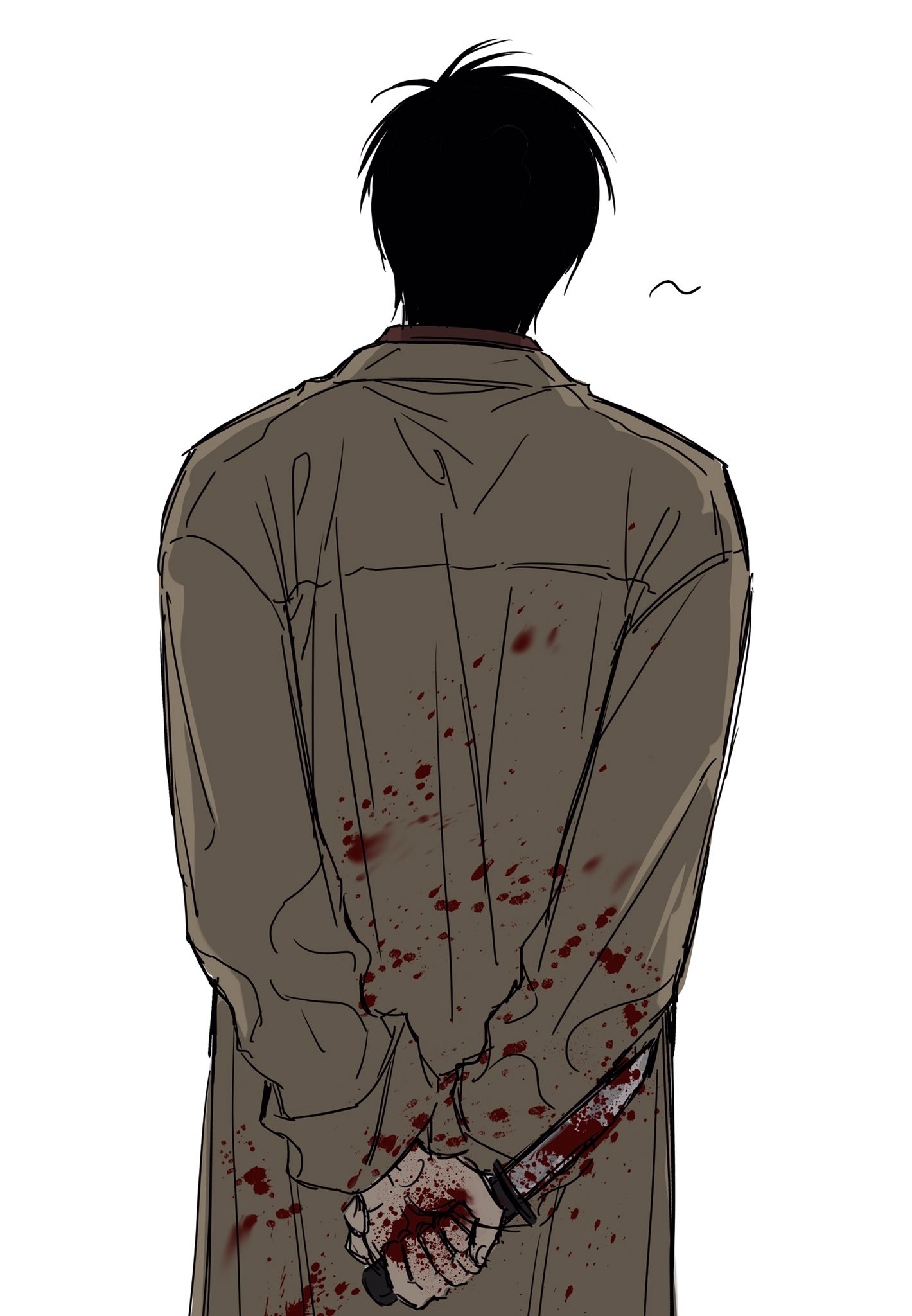 sso s, nagumo (sakamoto days), sakamoto days, commentary request, highres, korean commentary, 1boy, arms behind back, black hair, blood, blood on clothes, bloody knife, brown coat, coat, from behind, holding, holding knife, knife, male focus, short hair, simple background, solo, white background