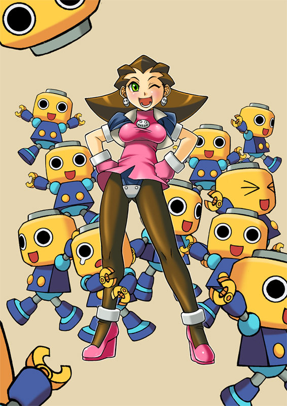 bontenmaru, servbot (mega man), tron bonne (mega man), capcom, mega man (series), mega man legends (series), the misadventures of tron bonne, 1girl, brown hair, crotch plate, earrings, green eyes, hair slicked back, hands on own hips, high heels, jewelry, one eye closed, pantyhose, shoes, smile, wink