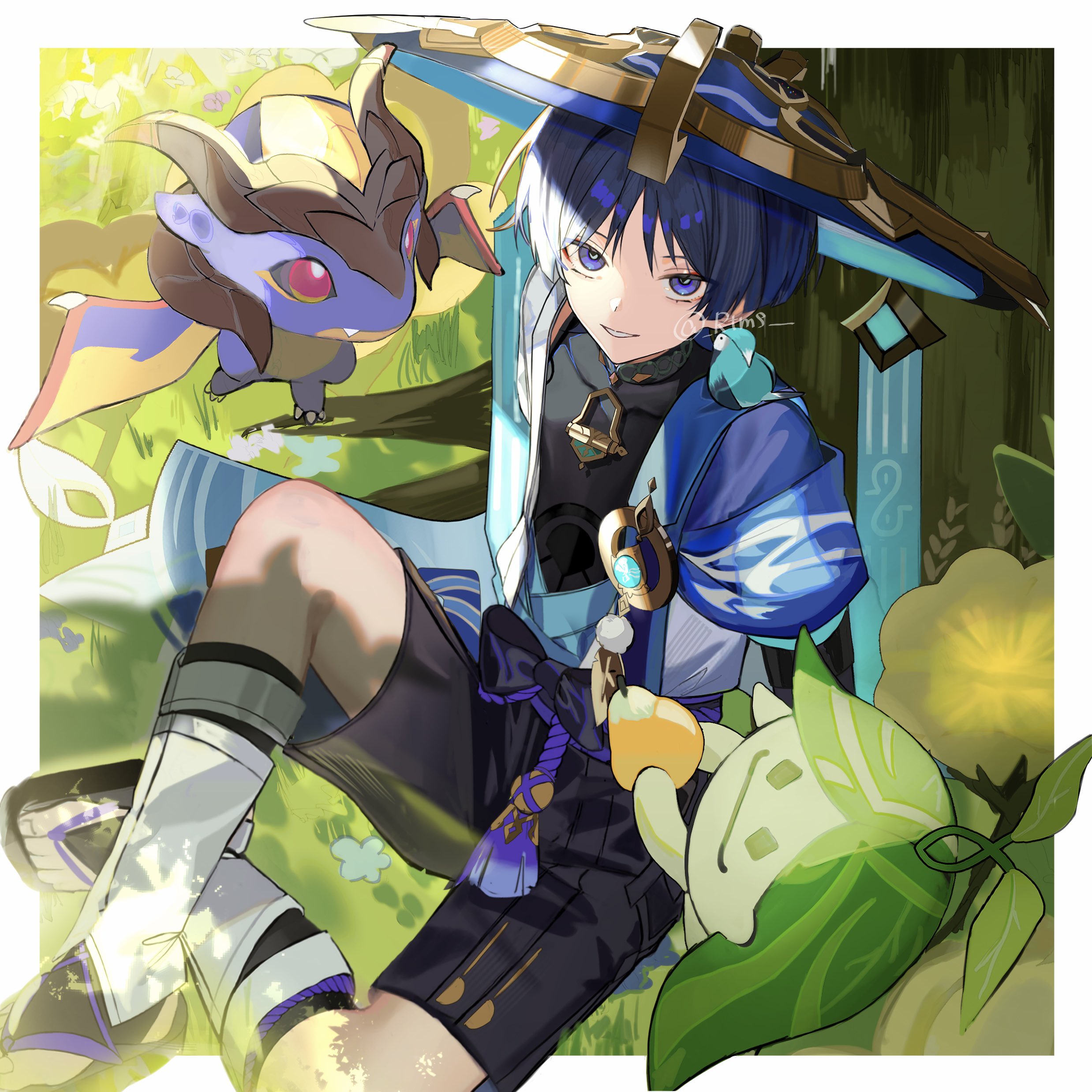 rtms, aranara (genshin impact), mini durin (dragon) (genshin impact), mini durin (genshin impact), scaramouche (genshin impact), wanderer (genshin impact), genshin impact, absurdres, highres, 1boy, against tree, anemo symbol (genshin impact), animal, animal on shoulder, arms at sides, bird, bird on shoulder, black bodysuit, black bow, black bridal gauntlets, black hair, black sandals, black shorts, blue cape, blue gemstone, blue hat, blue kimono, blunt ends, bodysuit, border, bow, bridal gauntlets, cape, covered collarbone, dragon, eyeliner, eyeshadow, feathers, finch, from above, full body, furisode, gem, gold, grass, hakama, hakama shorts, hat, japanese clothes, jingasa, juban, kimono, knee up, leg warmers, looking at viewer, makeup, male focus, multicolored hair, open clothes, open kimono, outdoors, parted lips, plant, pleated shorts, pom pom (clothes), purple eyes, purple hair, purple rope, purple sash, red eyeliner, red eyeshadow, rope, sandals, sash, shorts, shoulder peek, sidelighting, sitting, small dragon, smile, streaked hair, sunlight, tassel, toenails, toes, tree, twitter username, vision (genshin impact), white border, white kimono, white leg warmers, white mouth, white trim, wispy bangs, yellow feathers, zouri