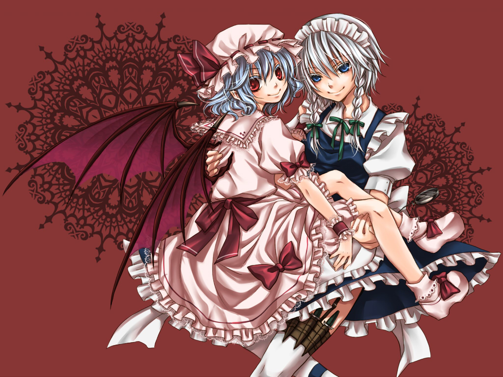 shiratama (mofutto), izayoi sakuya, remilia scarlet, touhou, silver hair, 2girls, bat wings, blue eyes, blue hair, braid, dress, female focus, hairband, hat, knife, maid, multiple girls, red eyes, short hair, thighhighs, twin braids, wings, wrist cuffs