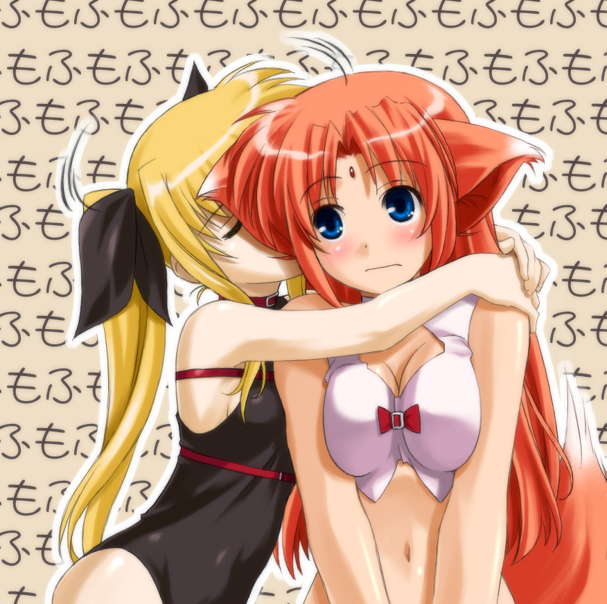 umekichi, arf, fate testarossa, lyrical nanoha, mahou shoujo lyrical nanoha, looking away, bad id, bad pixiv id, 00s, 2girls, :d, age difference, animal ears, armpits, arms around neck, averting eyes, bare shoulders, belt bra, blonde hair, blue eyes, blush, bow, breast press, breasts, breasts squeezed together, buckle, cleavage, cleavage cutout, closed eyes, clothing cutout, collar, crop top, familiar, forehead jewel, fox ears, fox tail, from side, frown, gem, hair ribbon, halterneck, hand on another's shoulder, hug, leotard, long hair, magical girl, midriff, motion lines, multiple girls, naughty face, navel, nervous, onee-loli, open mouth, orange hair, outline, own hands together, parted bangs, red hair, ribbon, sideboob, sidelocks, small breasts, smile, tail, text focus, turtleneck, twintails, upper body, v arms, very long hair, wolf ears, wolf tail, yuri