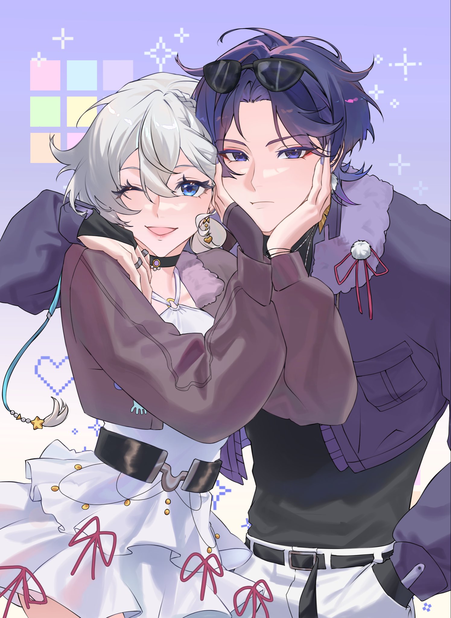 scaramouche (genshin impact), genshin impact, original, commentary, commission, english commentary, highres, vgen commission, 1boy, 1girl, belt, belt buckle, black belt, black choker, black shirt, blue eyes, blunt ends, breast pocket, brown sleeves, buckle, cheek press, choker, closed mouth, colored eyelashes, commissioner insert, couple, cropped jacket, crosshair, dress, earrings, eyelashes, eyeliner, eyeshadow, eyewear on head, feather earrings, feathers, frilled dress, frills, fringe trim, fur scarf, hair between eyes, hair intakes, half crown braid, halterneck, hand on another's shoulder, hands on another's cheeks, hands on another's face, heads together, heart, heart earrings, hetero, jacket, jewelry, layered sleeves, lipgloss, long sleeves, looking at another, makeup, o-ring, o-ring dress, oc x canon, one eye closed, open clothes, open jacket, open mouth, pants, parted bangs, pocket, pom pom (clothes), pom pom earrings, purple background, purple eyes, purple hair, purple jacket, purple scarf, ravtuneofrang39, red eyeliner, red eyeshadow, red lips, red ribbon, ribbon, ring, scarf, shirt, short hair, sparkle, string, sunglasses, tassel, tongue, tsurime, undershirt, white dress, white hair, white pants, yellow feathers