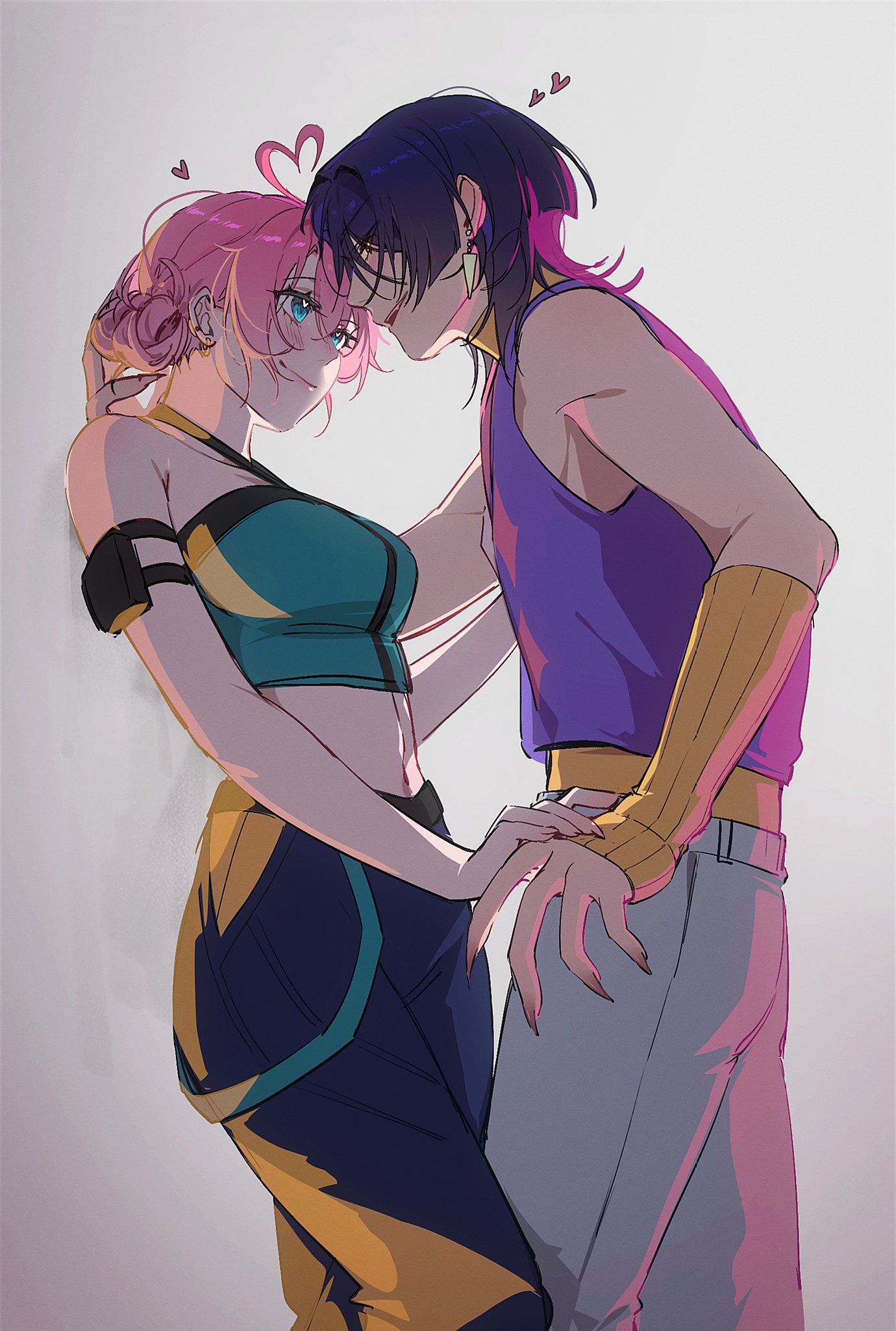 yoontrsh, scaramouche (genshin impact), genshin impact, original, highres, 1boy, 1girl, against wall, ahoge, alternate costume, alternate eye color, aqua shirt, arm at side, artist self-insert, black hair, black pants, blue eyes, blunt ends, blush, bright pupils, closed mouth, collarbone, contemporary, couple, cropped shirt, earrings, eye contact, eyelashes, gold earrings, grey background, hair bun, hair intakes, halter shirt, halterneck, hand on another's hand, heart, heart-shaped pupils, heart ahoge, height difference, hetero, jewelry, looking at another, midriff, multicolored hair, navel, oc x canon, open mouth, pants, pedometer, pink hair, pink lips, purple shirt, shirt, short hair, sleeveless, sleeveless shirt, smile, spiked ear piercing, streaked hair, symbol-shaped pupils, teeth, upper teeth only, white pants, white pupils, yellow arm warmers, yellow eyes