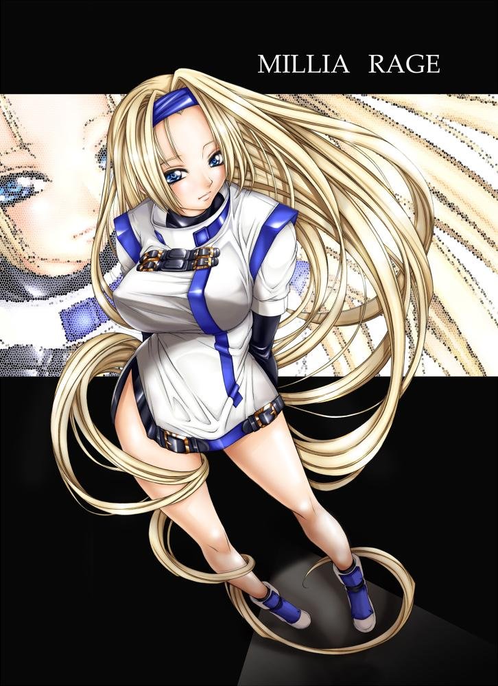 kutani, millia rage, arc system works, guilty gear, 1girl, blonde hair, blue eyes, boots, breasts, buckle, elbow gloves, female focus, from above, full body, gloves, headband, large breasts, legs, long hair, solo, standing, very long hair, zoom layer