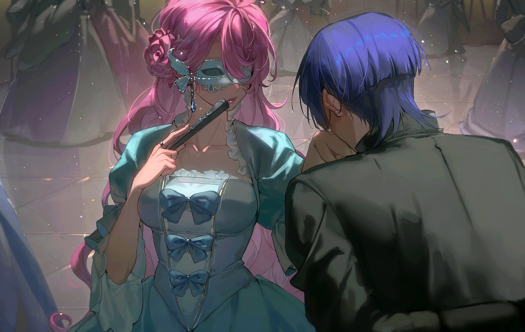 yoontrsh, scaramouche (genshin impact), genshin impact, masquerade, original, highres, 1boy, 1girl, alternate costume, aqua bow, aqua dress, aqua shrug, aqua sleeves, arm behind back, artist self-insert, black jacket, black sleeves, black suit, blue gemstone, blunt ends, bow, collarbone, couple, crystal, curtained hair, dress, eye mask, facing another, flower-shaped hair, folding fan, formal clothes, frilled sleeves, frills, gem, glint, hand fan, hand up, hetero, holding, holding fan, jacket, jewelry, kiss, kissing hand, long hair, long sleeves, mask, masquerade mask, oc x canon, parted bangs, parted lips, pink hair, pink lips, puffy sleeves, purple hair, ring, shrug (clothing), single hair intake, strapless, strapless dress, suit, suit jacket, three-quarter sleeves, tile floor, tiles, very long hair, wavy hair, white mask, white mouth