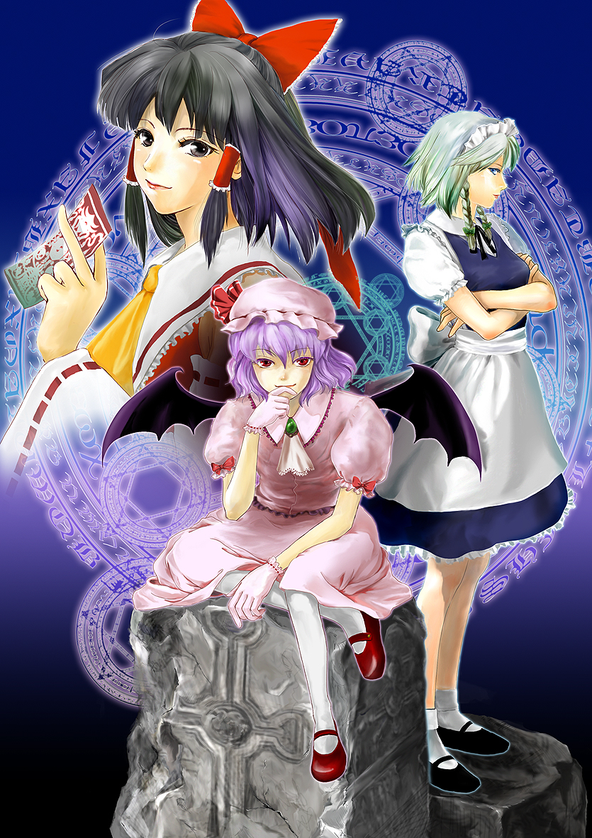 kurumi (artist), hakurei reimu, izayoi sakuya, remilia scarlet, touhou, silver hair, bad id, bad pixiv id, 3girls, bat wings, black hair, blue hair, bow, braid, dress, female focus, gloves, hair bow, hat, magic circle, maid, multiple girls, red eyes, short hair, wings