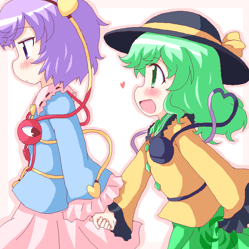 geetsu, komeiji koishi, komeiji satori, touhou, 2girls, blush, female focus, green eyes, green hair, hat, heart, heart of string, holding hands, multiple girls, open mouth, purple eyes, purple hair, short hair, siblings, sisters