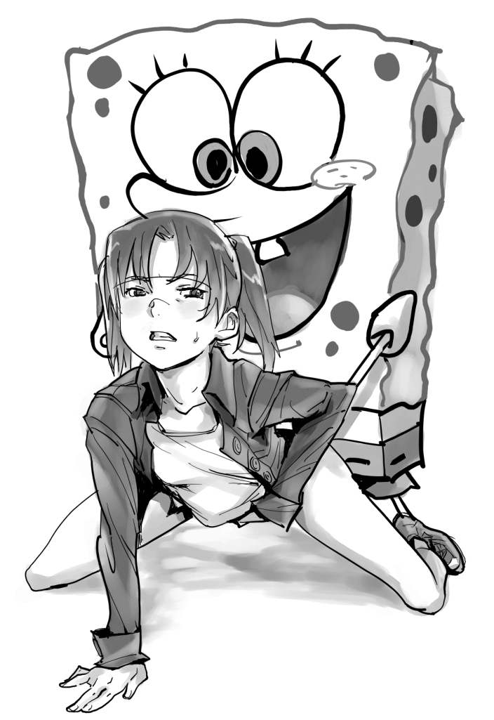 amasawa yuuko, spongebob squarepants, dennou coil, nickelodeon, spongebob squarepants (series), visor, third-party edit, 1boy, 1girl, clenched teeth, clothed sex, collarbone, crossover, doggystyle, flat chest, glasses, greyscale, hetero, jacket, monochrome, parody, rape, sex, sex from behind, short twintails, sweat, tank top, teeth, twintails, what
