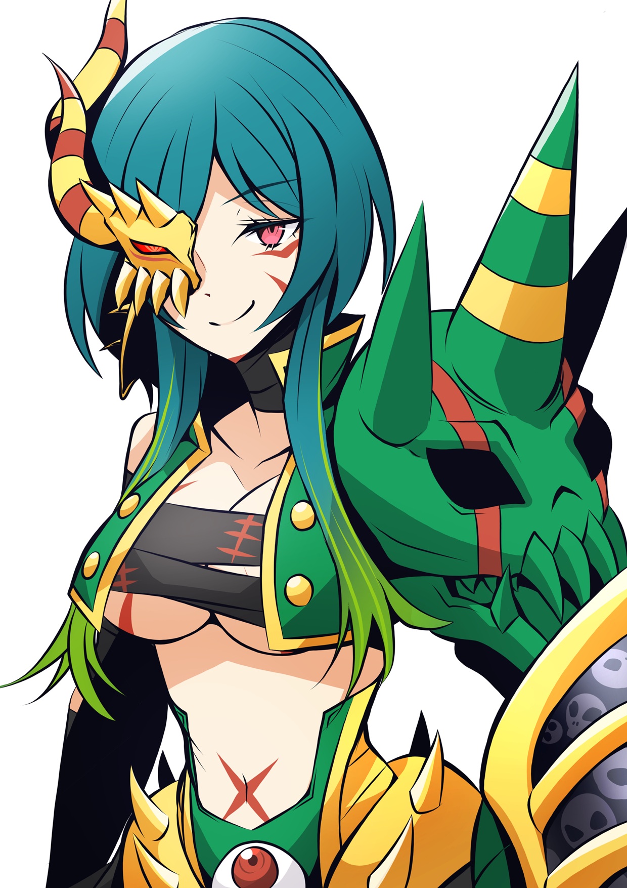 mitosupa (qsiqydfz7nesh9w), titamon, digimon, highres, 1girl, armor, breasts, digimon (creature), genderswap, genderswap (mtf), helmet, horns, humanization, looking at viewer, red eyes, sharp teeth, short hair, shoulder spikes, simple background, smile, solo, spikes, teeth, white background