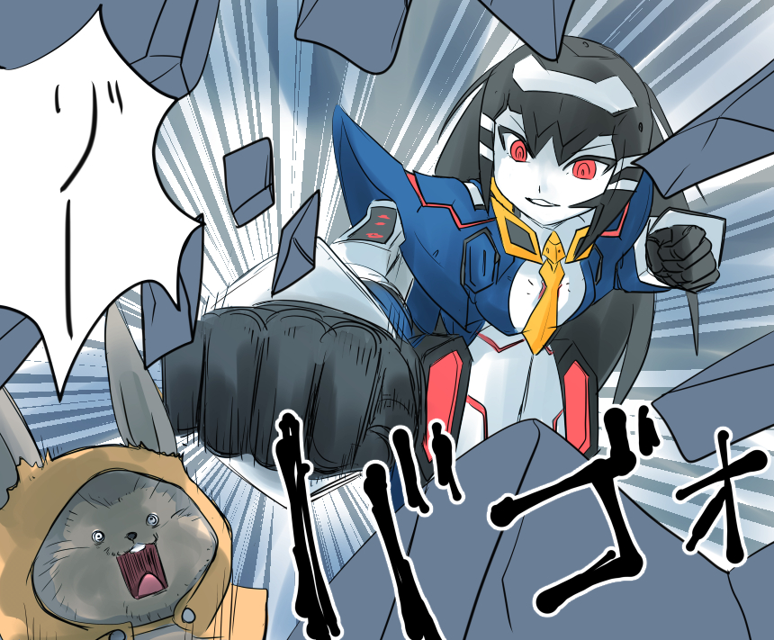 shilfy yo, ionia series, lillipa, lisa (pso2), phantasy star, phantasy star online 2, commentary request, translation request, 1girl, android, armor, black hair, clenched hand, colored skin, emphasis lines, hood, hood up, incoming attack, incoming punch, long hair, metal hair, orange hood, parted lips, punching, red eyes, screaming, shattered, shoulder armor, smile, white mouth, white skin