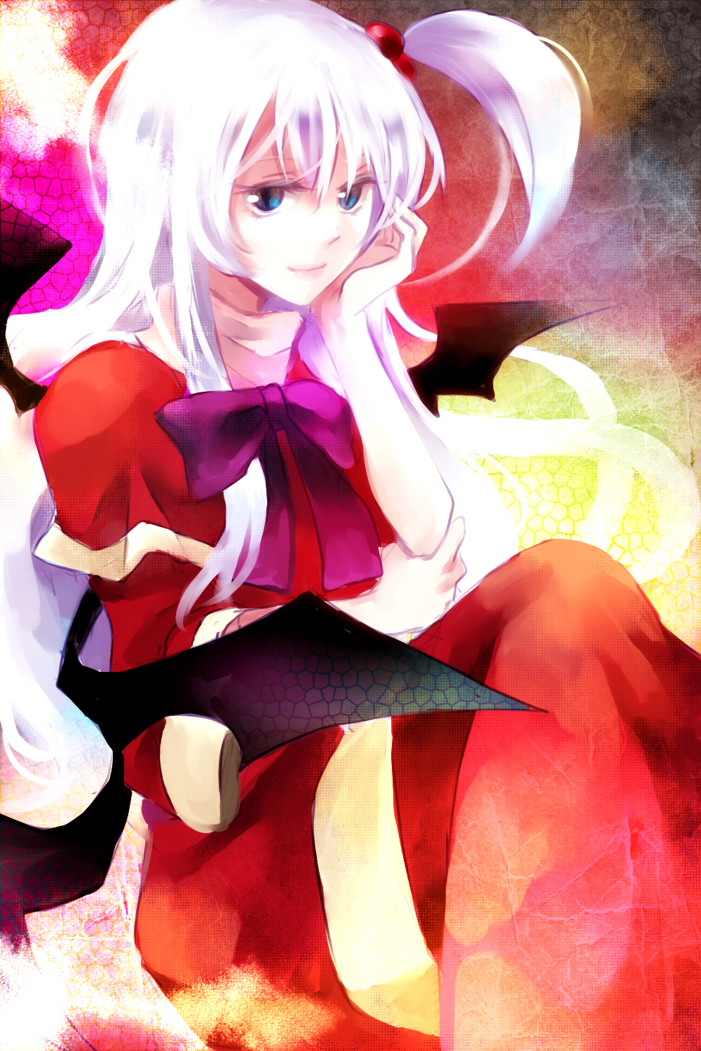 nr (cerumia), nr (cmnrr), nr (pixiv), shinki (touhou), mystic square, touhou, touhou (pc-98), bad id, bad pixiv id, highres, 1girl, blue eyes, bow, capelet, female focus, hair bobbles, hair ornament, head rest, long hair, side ponytail, smile, solo, white hair, wings