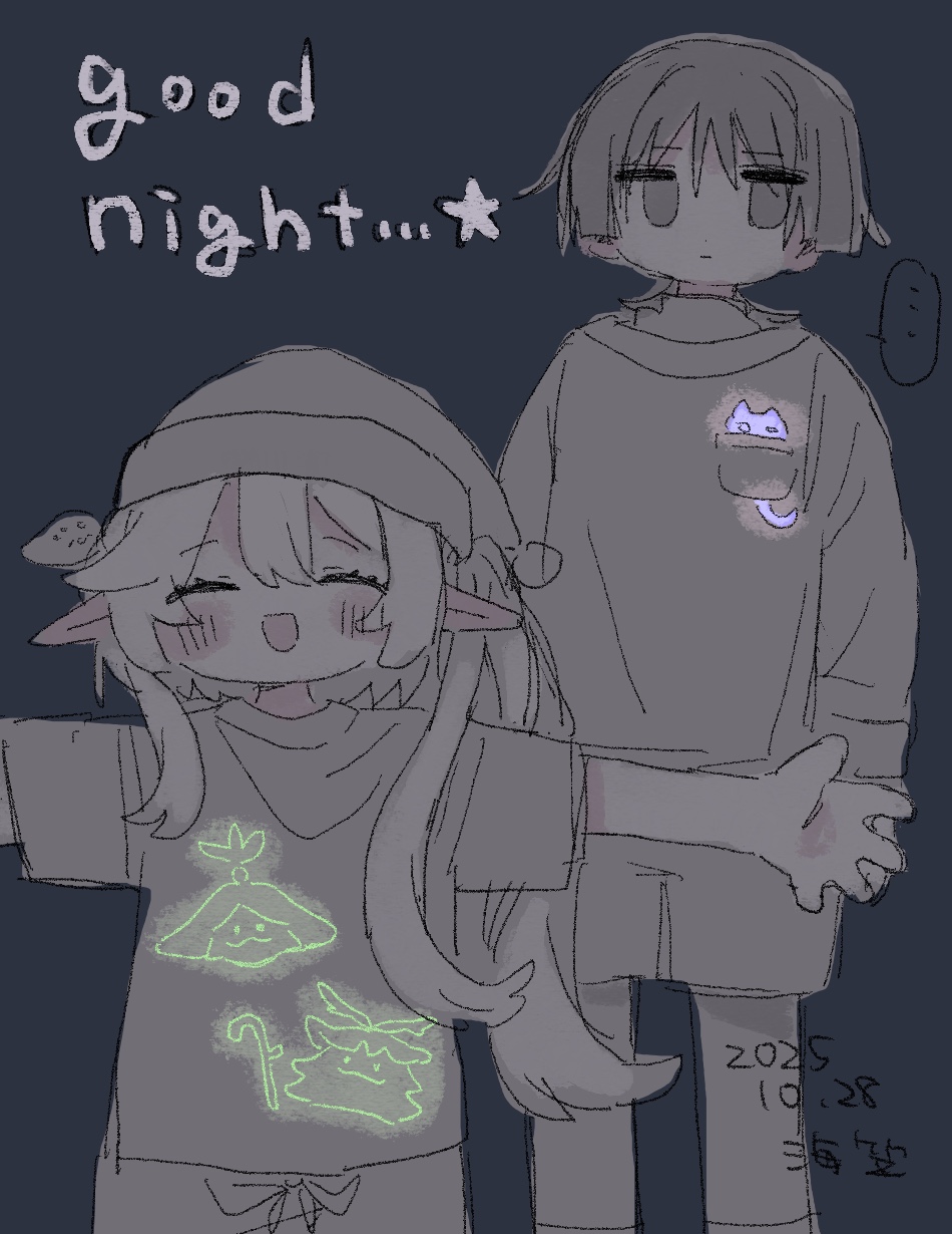 aranara (genshin impact), nahida (genshin impact), scaramouche (genshin impact), genshin impact, highres, …, 1boy, 1girl, arms at sides, asymmetrical sidelocks, black background, blunt ends, blush, breast pocket, closed eyes, closed mouth, dated, drawstring, empty eyes, english text, eyelashes, facing viewer, glowing, hair between eyes, hair ornament, hat, height difference, jitome, layered shirt, leaf, leaf hair ornament, long hair, long sleeves, looking at viewer, muted color, nightcap, open hands, open mouth, outstretched arms, pocket, pointy ears, shirt, short sleeves, shorts, side ponytail, sidelocks, sketch, spoken ellipsis, standing, umigasa, wispy bangs