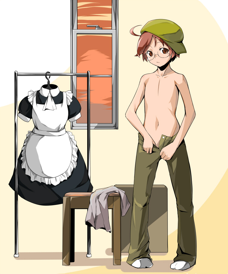 hiru okita, nekomura, 1boy, androgynous, apron, brown eyes, brown hair, child, closed mouth, crossdressing, crossdressing (mtf), dress, evening, girly boy, glasses, green pants, hat, indoors, looking at viewer, maid apron, male focus, navel, no footwear, no shirt, open clothes, open fly, open pants, pants, partially undressed, shirt, short hair, short sleeves, socks, solo, standing, topless male, trap, unbuttoned, undressing, unworn clothes, unworn dress, unworn shirt, unzipped, white shirt, window