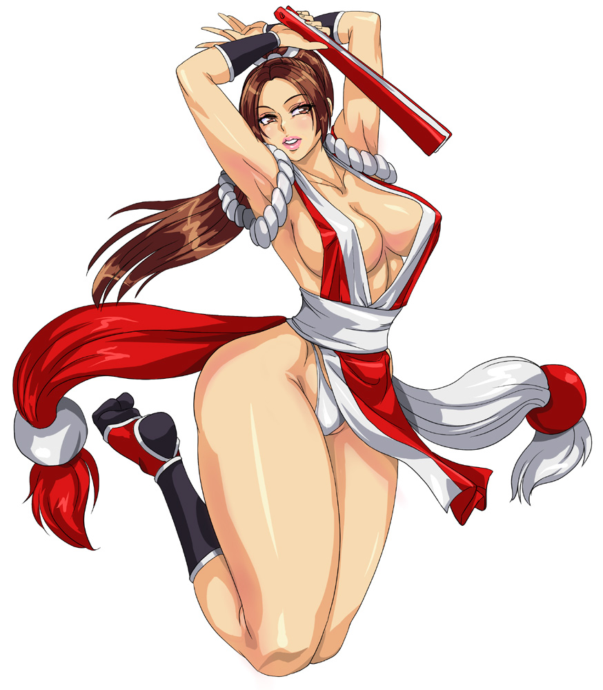 iad, shiranui mai, fatal fury, snk, the king of fighters, 1girl, armpits, arms up, bare shoulders, breasts, brown eyes, brown hair, cleavage, covered erect nipples, curvy, female focus, folded fan, folding fan, hand fan, hip focus, japanese clothes, jumping, large breasts, lips, long hair, panties, pantyshot, pelvic curtain, ponytail, revealing clothes, rope, solo, thick thighs, thighs, underwear, white panties, wide hips