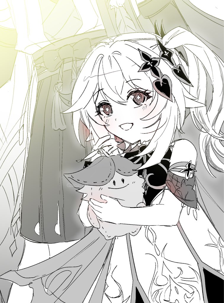 aranara (genshin impact), nahida (genshin impact), scaramouche (genshin impact), wanderer (genshin impact), genshin impact, 1boy, 1girl, armlet, belt, bow, bridal gauntlets, cape, cross-shaped pupils, detached sleeves, dress, eyelashes, furisode, hair between eyes, hair ornament, hakama, hakama shorts, head out of frame, heart, heart hair ornament, height difference, holding, holding stuffed toy, japanese clothes, jewelry, juban, kimono, light blush, long hair, looking at viewer, monochrome, open mouth, pleated shorts, rope, sash, shorts, side ponytail, sidelocks, sketch, stuffed animal, stuffed toy, symbol-shaped pupils, tareme, tassel, twitter username, yang shrimp