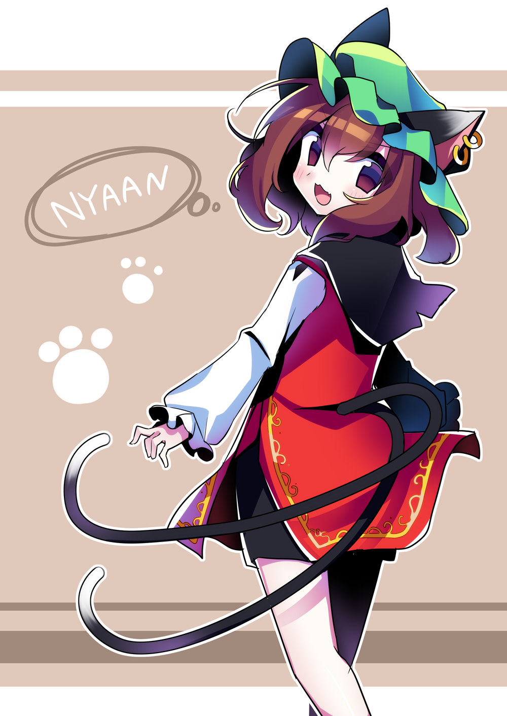 kujou mikuru, chen, touhou, commentary, highres, 1girl, animal earrings, animal ears, bare legs, black shorts, blush, brown hair, cat ears, cat girl, cat tail, clothing cutout, dress, ears through headwear, feet out of frame, frilled hat, frilled sleeves, frills, green hat, hat, long sleeves, looking at viewer, looking back, mob cap, multiple tails, nyan, one-hour drawing challenge, outline, paw print, red dress, shirt, short hair, shorts, smile, solo, speech bubble, tail, tail through clothes, thought bubble, two tails, white outline, white shirt