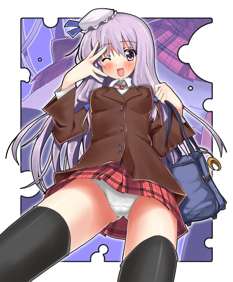 piromizu, patchouli knowledge, touhou, 1girl, alternate costume, black thighhighs, blush, female focus, long hair, one eye closed, panties, plaid clothes, plaid skirt, purple eyes, purple hair, school uniform, skirt, solo, thighhighs, underwear, upskirt, wink