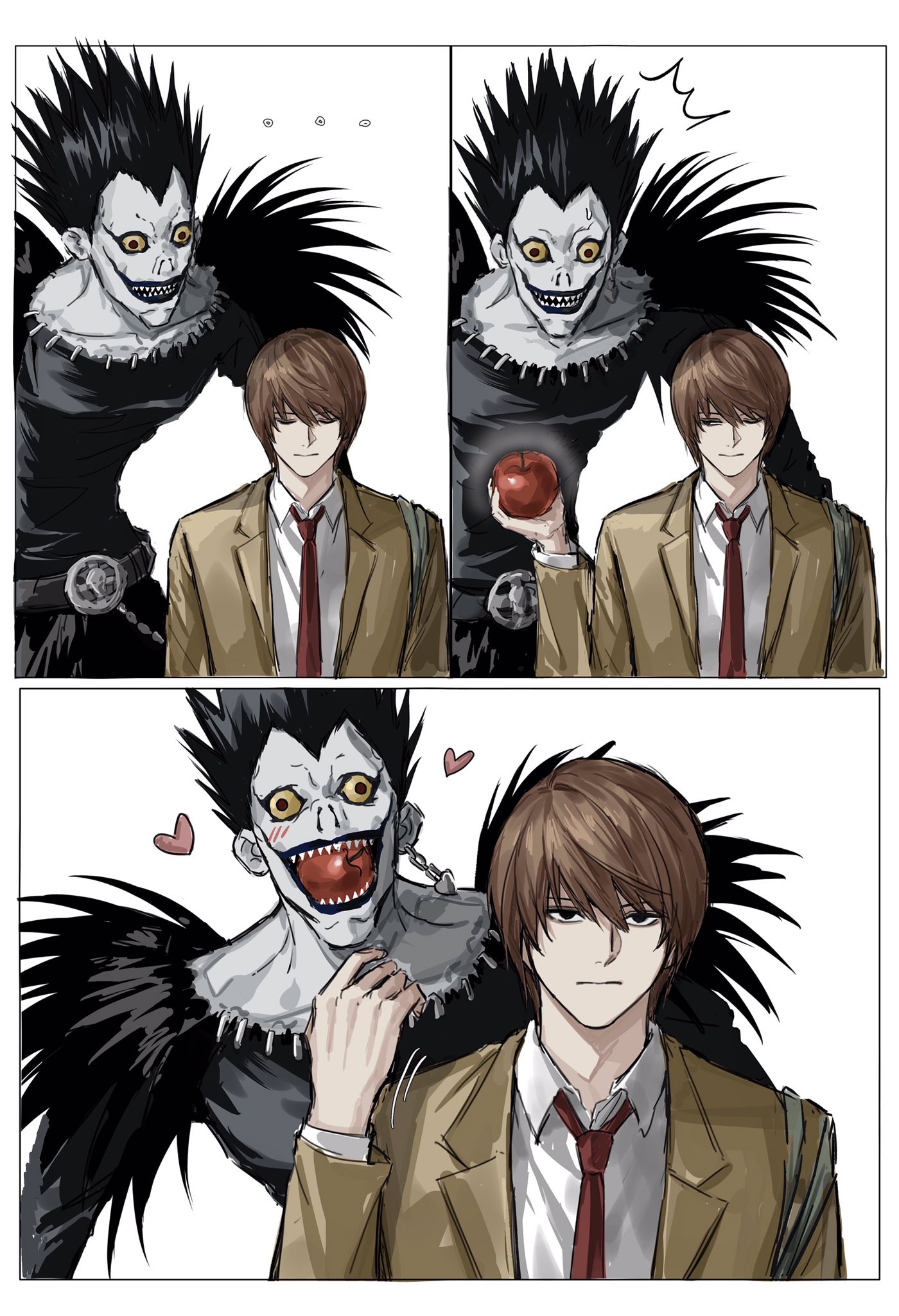 sso s, ryuk, yagami light, death note, highres, 2boys, apple, black eyes, blazer, blush, brown hair, closed mouth, food, fruit, happy, heart, holding, holding food, holding fruit, jacket, long sleeves, male focus, multiple boys, necktie, open mouth, red necktie, sharp teeth, shinigami, shirt, short hair, teeth, white shirt
