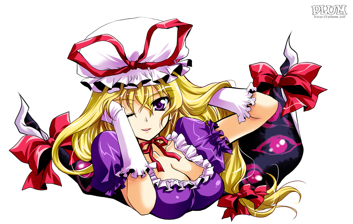 kanna (plum), yakumo yukari, touhou, md5 mismatch, resolution mismatch, source smaller, 1girl, blonde hair, breasts, cleavage, elbow gloves, female focus, gap (touhou), gloves, hair flip, hat, large breasts, one eye closed, purple eyes, solo, white gloves, wink