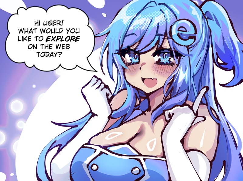 merryweather, osiimi, internet explorer (merryweather), internet explorer, internet explorer (webcomic), commentary, english commentary, 1girl, bare shoulders, blue background, blue dress, blue eyes, blue hair, blush, breasts, cleavage, dress, elbow gloves, english text, fang, gloves, hair ornament, hands up, index finger raised, large breasts, logo, logo hair ornament, long hair, looking at viewer, one side up, open mouth, personification, skin fang, sleeveless, sleeveless dress, smile, solo, speech bubble, swept bangs, talking, upper body, white gloves