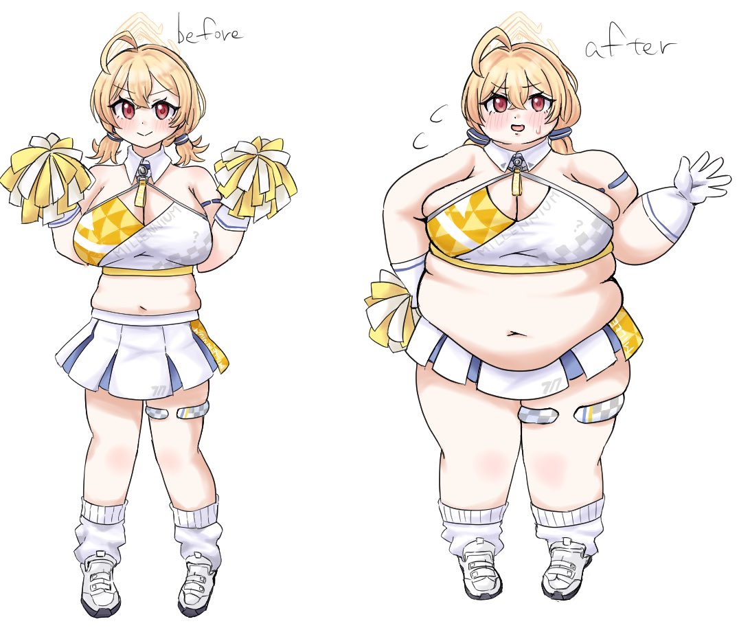 wakuwaku corporation, kotori (blue archive), kotori (cheer squad) (blue archive), blue archive, 1girl, ahoge, before and after, belly, blonde hair, blush, breasts, cheerleader, cleavage, crop top, detached collar, fat, fat woman, gloves, hair ornament, halo, large breasts, loose socks, low twintails, medium hair, midriff, millennium cheerleader outfit (blue archive), muffin top, navel, obese, plump, pom pom (cheerleading), red eyes, shoes, short hair, skindentation, skirt, smile, socks, solo, standing, sweat, thick thighs, thigh strap, thighs, twintails, waving, weight gain, white background, white gloves, white shoes, white skirt, white socks