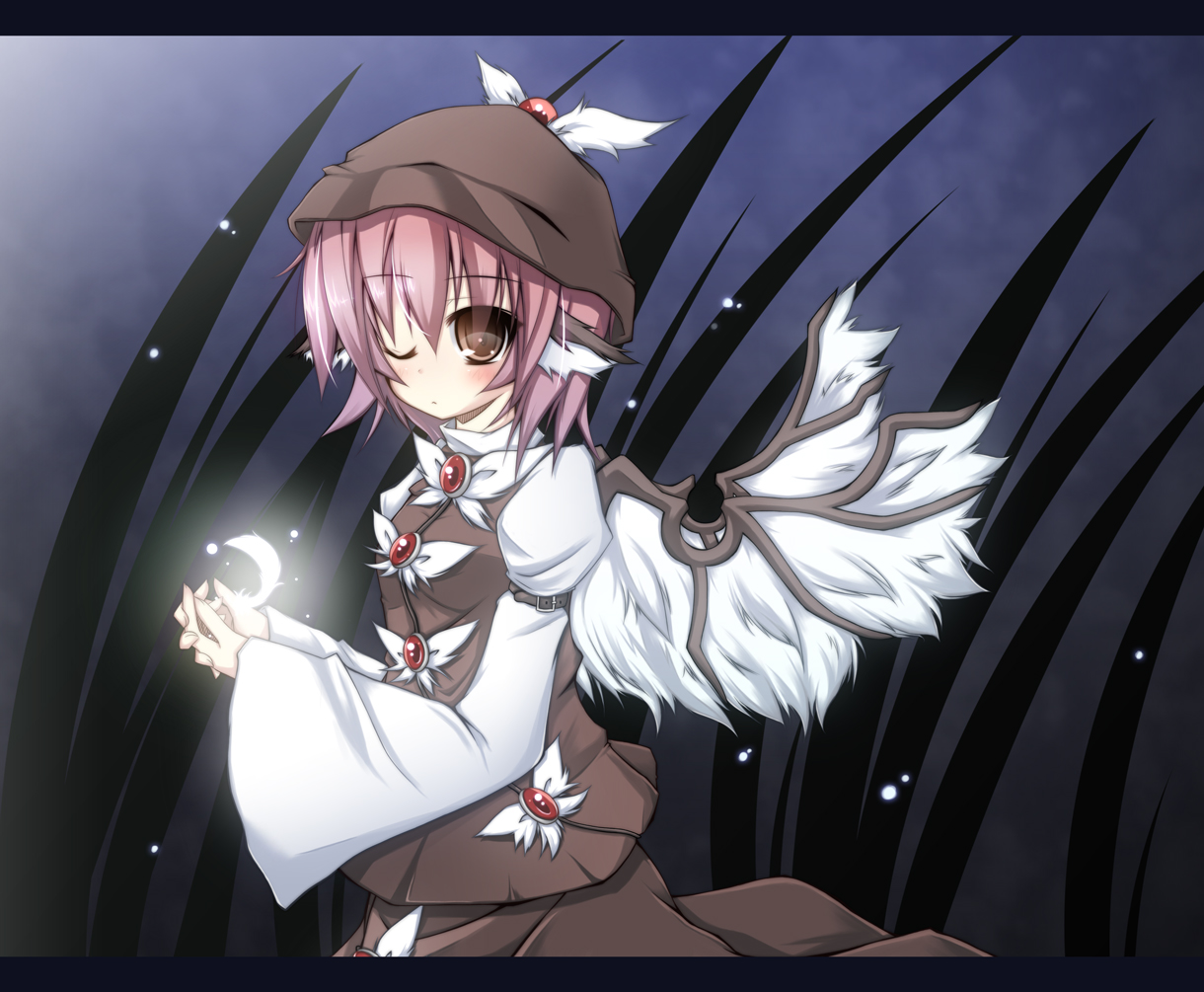 futase hijiri, sousera kiyoshi, mystia lorelei, touhou, 1girl, animal ears, blush, brown eyes, dress, feathers, female focus, hat, letterboxed, one eye closed, pink hair, short hair, solo, sparkle, wings, wink