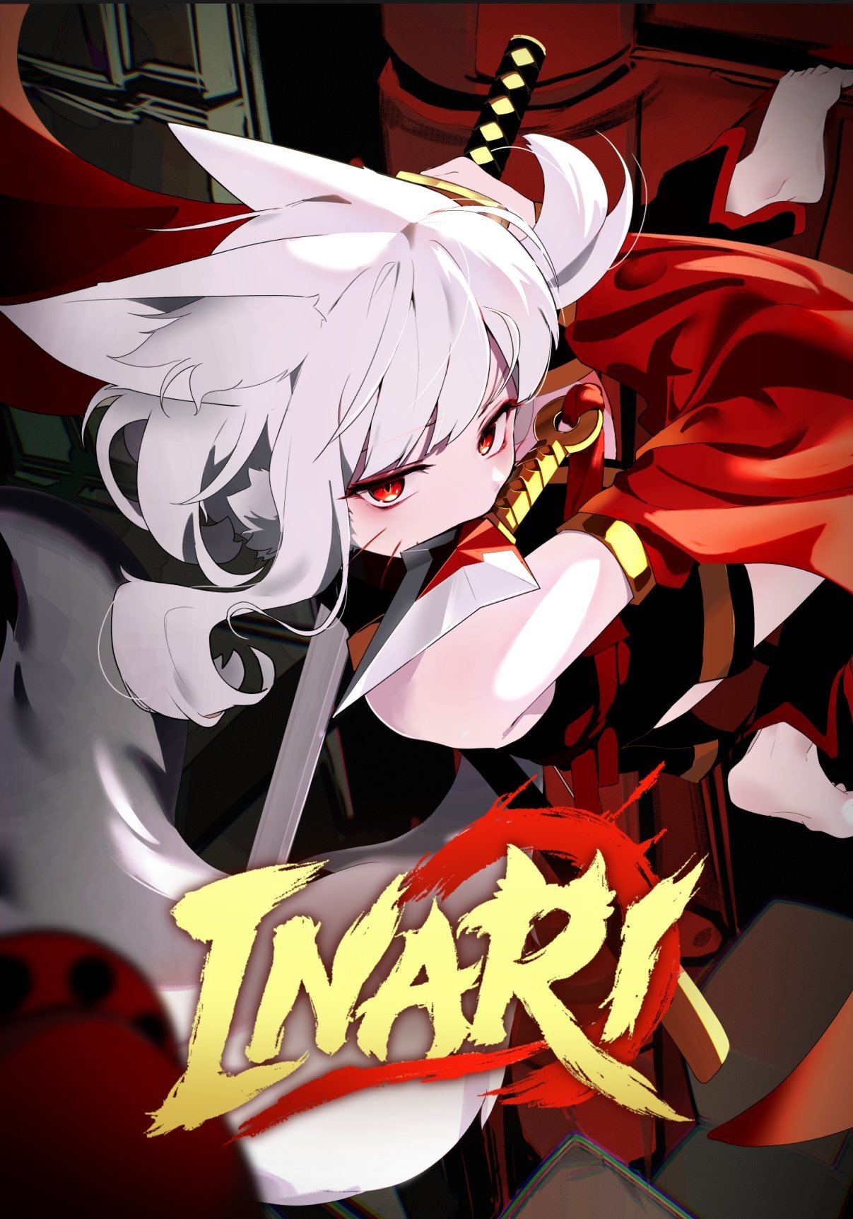 highres, official art, 1girl, animal ears, bare shoulders, barefoot, cover, fox ears, fox girl, fox tail, mouth hold, ninja, red eyes, shuriken, tail, video game cover, weapon, white hair