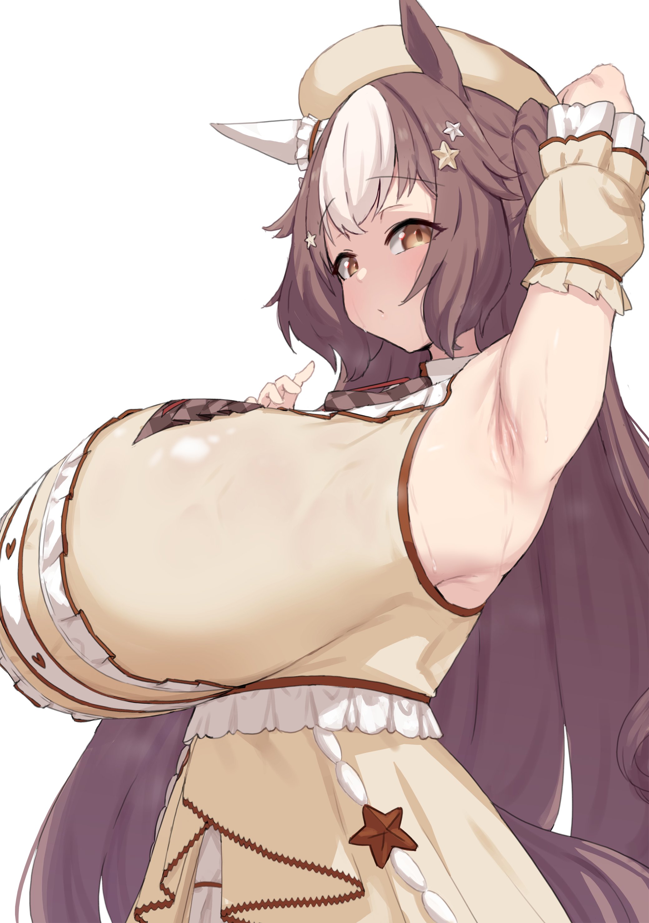 noe (ppppriver), yamanin zephyr (sugary wind) (umamusume), yamanin zephyr (umamusume), umamusume, absurdres, highres, 1girl, animal ears, arm behind head, armband, armpit crease, armpits, beret, breasts, brown eyes, brown hair, dress, ear covers, frilled armband, frilled dress, frills, from side, gigantic breasts, hair ornament, hat, horse ears, horse girl, horse tail, lips, long hair, multicolored hair, one side up, single ear cover, sleeveless, sleeveless dress, solo, standing, star (symbol), star hair ornament, sweat, tail, two-tone hair, white background, white hair, yellow dress, yellow hat