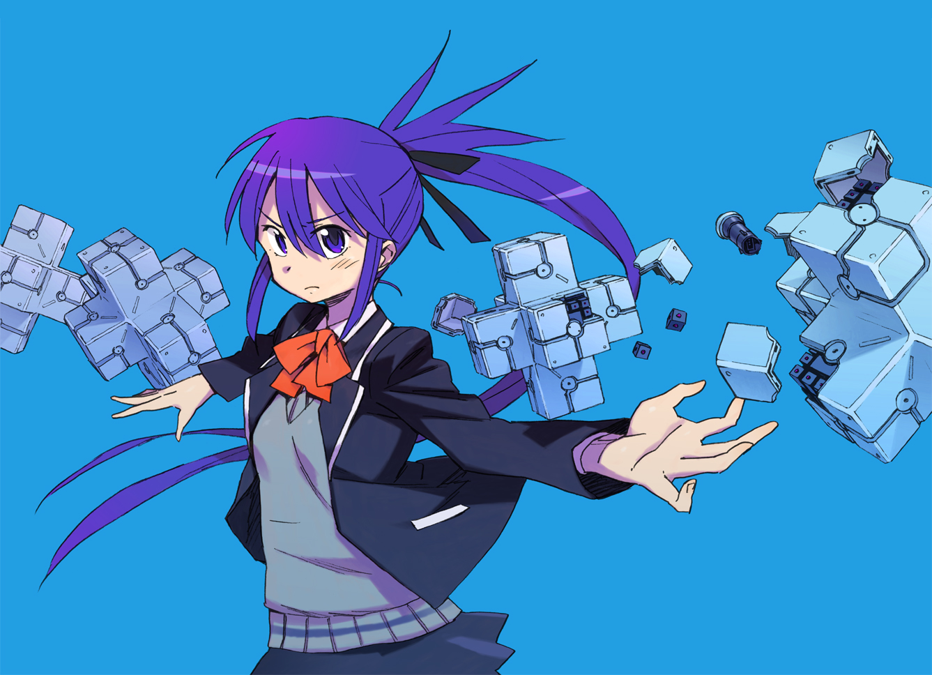 katou haruaki, original, bad id, bad pixiv id, hair ribbon, long hair, ponytail, purple eyes, purple hair, ribbon, school uniform, shapes, simple background, solo, very long hair