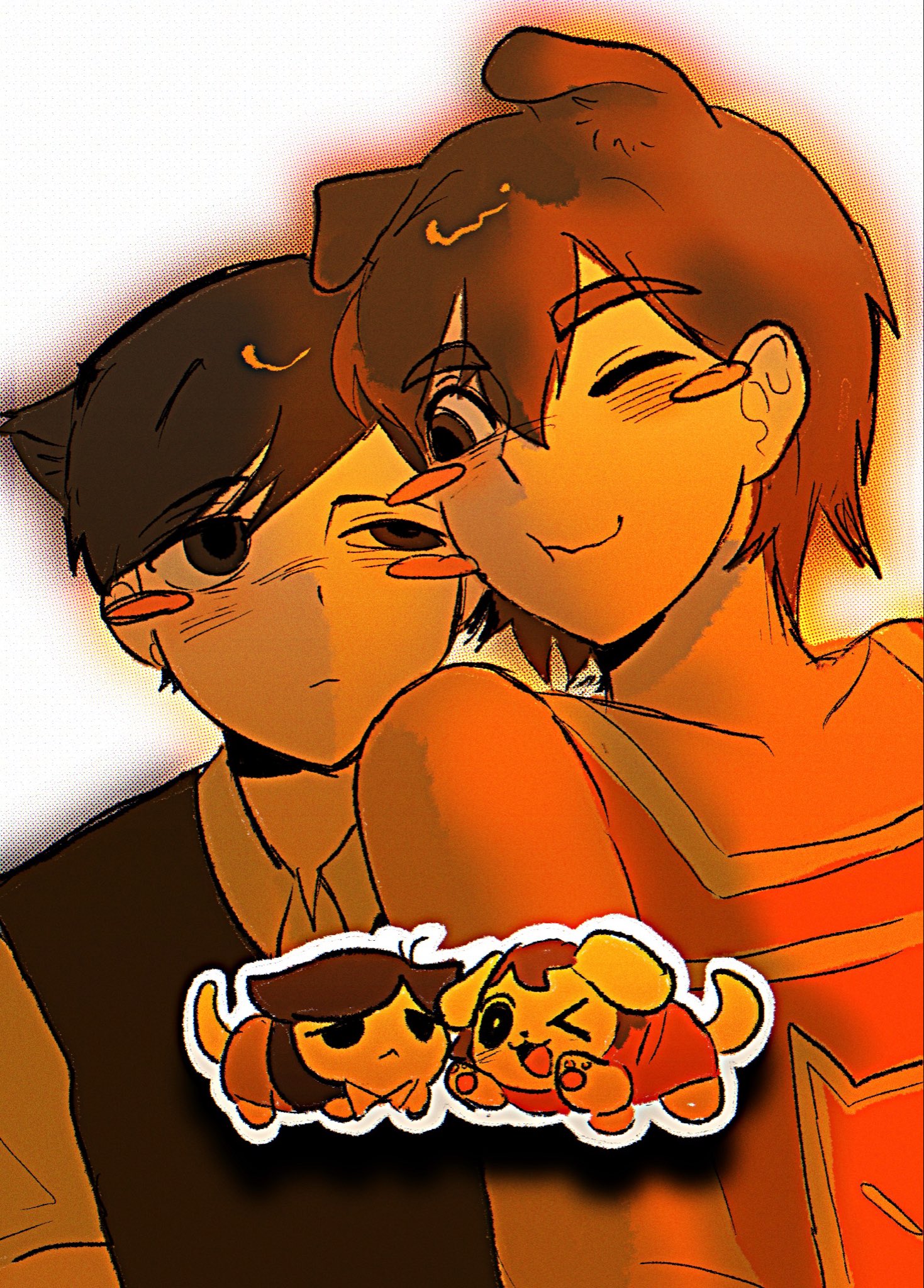 kel (faraway) (omori), kel (omori), sunny (omori), omori, highres, 2boys, alternate eye color, animal ears, animalization, black eyes, black hair, black sweater vest, blush, blush stickers, brown eyes, brown hair, cat, cat boy, cat ears, closed mouth, collarbone, collared shirt, dark-skinned male, dark skin, dog, dog boy, dog ears, kemonomimi mode, looking at another, lyuz (justtoseemeplea), male focus, multiple boys, outline, person and animalization, shirt, short sleeves, simple background, smile, sweater vest, white background, white outline, white shirt