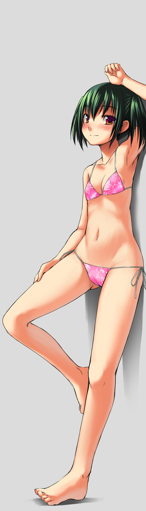 bosshi, yu (bosshi), original, highres, long image, tall image, 1girl, armpits, barefoot, bikini, blush, cameltoe, feet, female focus, flat chest, green hair, grey background, hand on own thigh, loli, nipples, pink bikini, red eyes, short hair, side-tie bikini bottom, solo, string bikini, swimsuit, toes