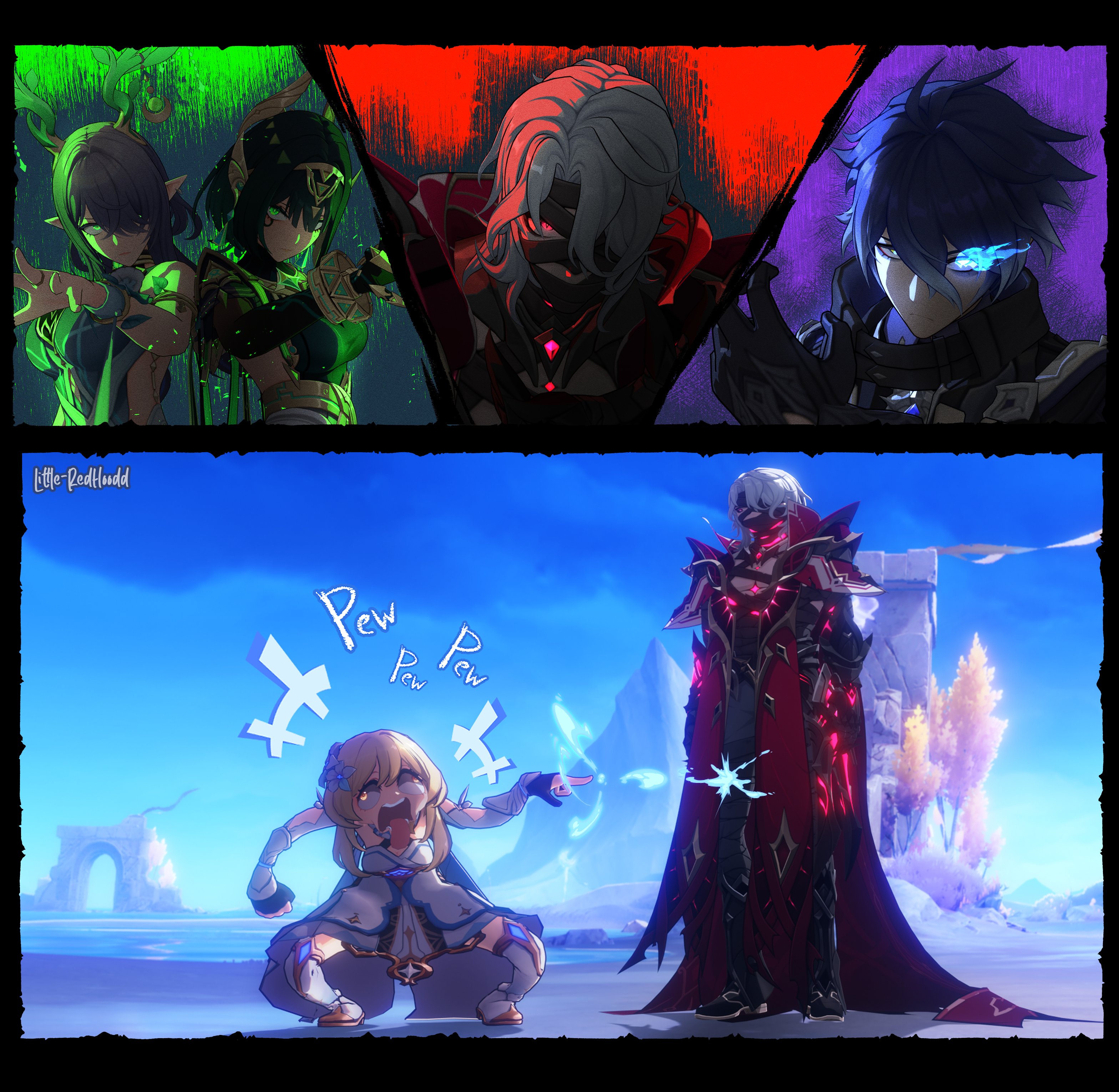 littleredhoodd, flins (genshin impact), lauma (genshin impact), lumine (genshin impact), nefer (genshin impact), rerir (genshin impact), genshin impact, absurdres, commentary, english commentary, highres, 2boys, 3girls, ancient egyptian clothes, antlers, artist name, bandage over one eye, bandaged head, bandaged torso, bandages, bandages over mouth, bare shoulders, black bandages, black gloves, blonde hair, blue hair, breasts, claws, completely unamused, deer antlers, dress, english text, eye tattoo, flower, game screenshot background, game screenshot inset, gloves, green hair, hair between eyes, hair flower, hair ornament, hair over one eye, horns, large breasts, long hair, looking at viewer, mark under eye, medium hair, multiple boys, multiple girls, mystical high collar, open mouth, pointy ears, screenshot background, short hair with long locks, squatting, tattoo, tongue, tongue out, unamused, white dress, white flower, white hair, yellow eyes