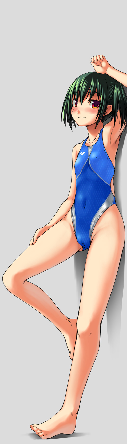 bosshi, yu (bosshi), arena (company), original, highres, long image, tall image, 1girl, armpits, barefoot, cameltoe, competition swimsuit, feet, female focus, flat chest, green hair, highleg, highleg one-piece swimsuit, loli, lying, nipples, one-piece swimsuit, red eyes, solo, standing, swimsuit, toes