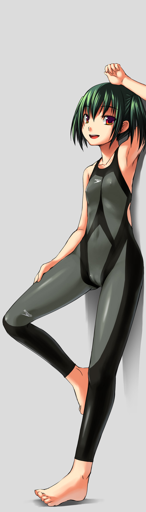 bosshi, yu (bosshi), original, speedo (company), highres, long image, tall image, 1girl, armpits, barefoot, bodysuit, cameltoe, competition swimsuit, diving suit, feet, female focus, flat chest, full body, green hair, grey male swimwear, grey one-piece swimsuit, latex, loli, male swimwear, nipples, one-piece swimsuit, orange eyes, red eyes, skin tight, solo, speedo lzr racer, standing, swimsuit, toes, twintails, wetsuit