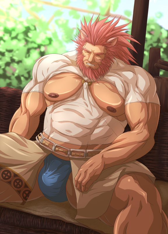 nisetetsuo, caineghis (fire emblem), fire emblem, fire emblem: path of radiance, nintendo, commentary request, large variant set, variant set, 1boy, animal ears, bara, bare pectorals, beard, blue male underwear, closed eyes, clothing cutout, facial hair, large pectorals, male focus, male underwear, muscular, muscular male, nipples, pectorals, red hair, sitting, solo, underwear