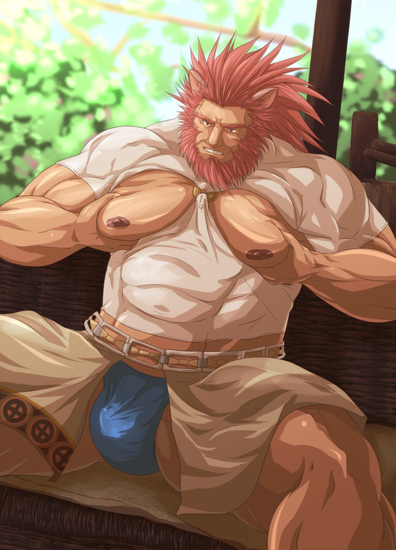 nisetetsuo, caineghis (fire emblem), fire emblem, fire emblem: path of radiance, nintendo, commentary request, large variant set, variant set, 1boy, animal ears, bara, bare pectorals, beard, blue male underwear, clothing cutout, facial hair, large pectorals, male focus, male underwear, muscular, muscular male, nipples, pectorals, red hair, sitting, solo, underwear