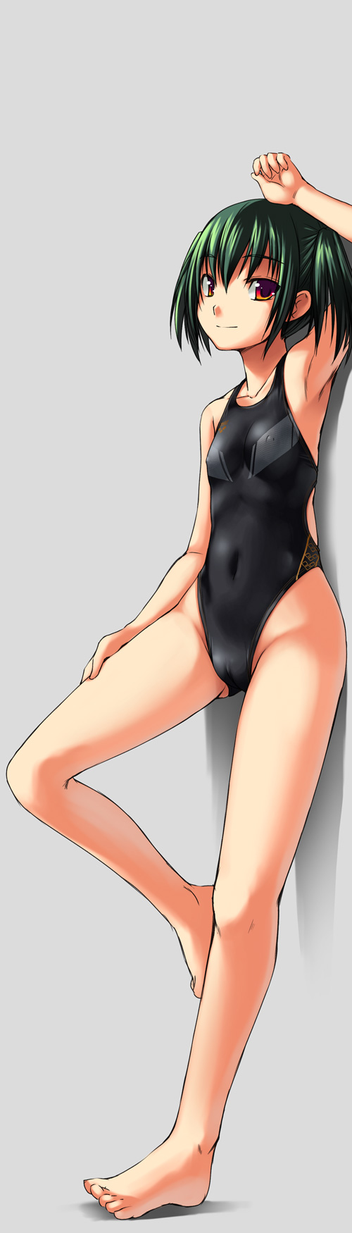 bosshi, yu (bosshi), arena (company), original, highres, long image, tall image, 1girl, armpits, barefoot, black one-piece swimsuit, cameltoe, competition swimsuit, feet, female focus, flat chest, green hair, grey background, hand on own thigh, highleg, highleg one-piece swimsuit, loli, nipples, one-piece swimsuit, red eyes, solo, swimsuit, toes