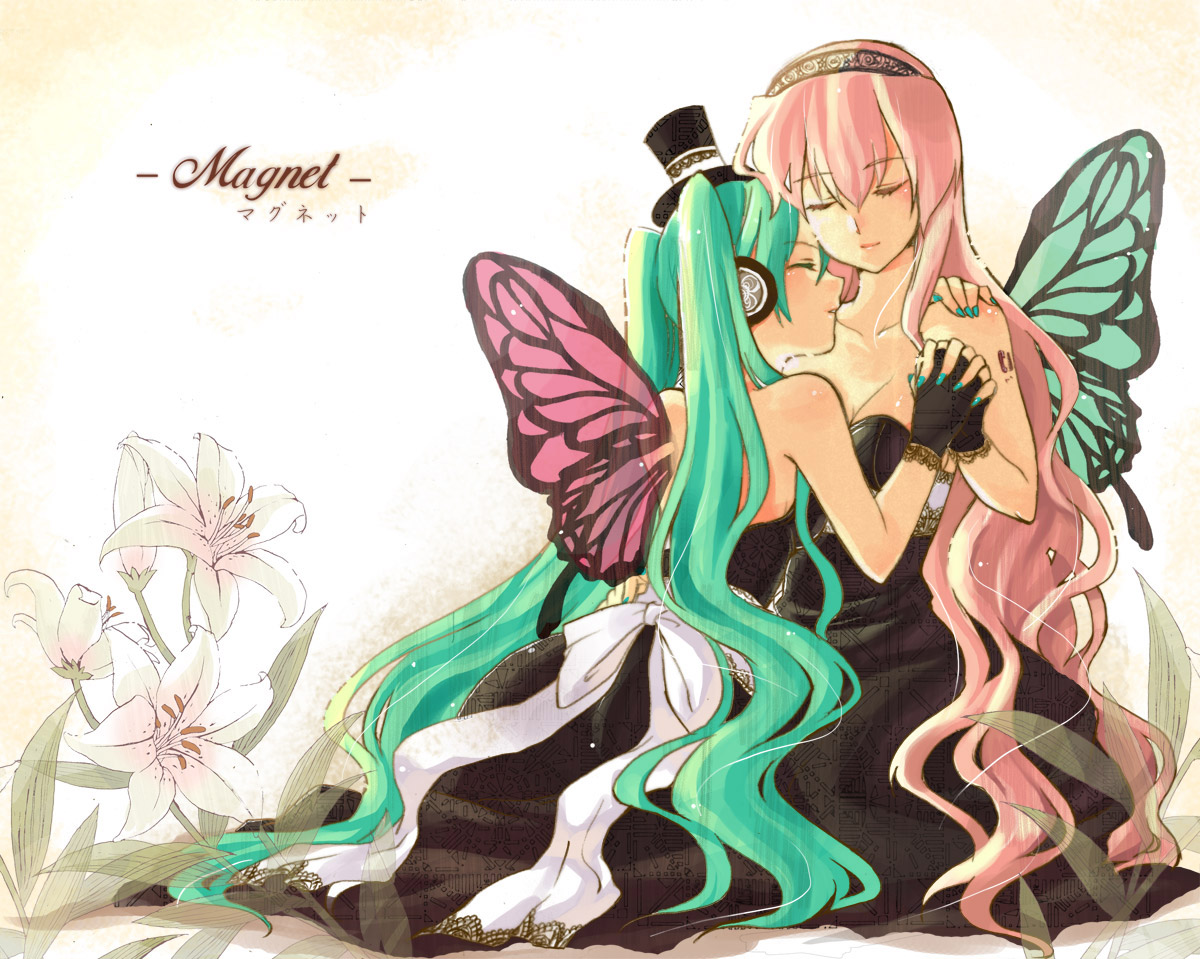 ukiruki70, yukimi ruki, hatsune miku, megurine luka, magnet (vocaloid), vocaloid, bad id, bad pixiv id, 2girls, aqua nails, bow, butterfly wings, couple, dress, fingerless gloves, flower, gloves, green hair, hairband, hat, head on another's shoulder, headband, headphones, holding hands, hug, insect wings, long hair, magnet, mini hat, mini top hat, multiple girls, nail polish, pink hair, tattoo, top hat, very long hair, wings, yuri