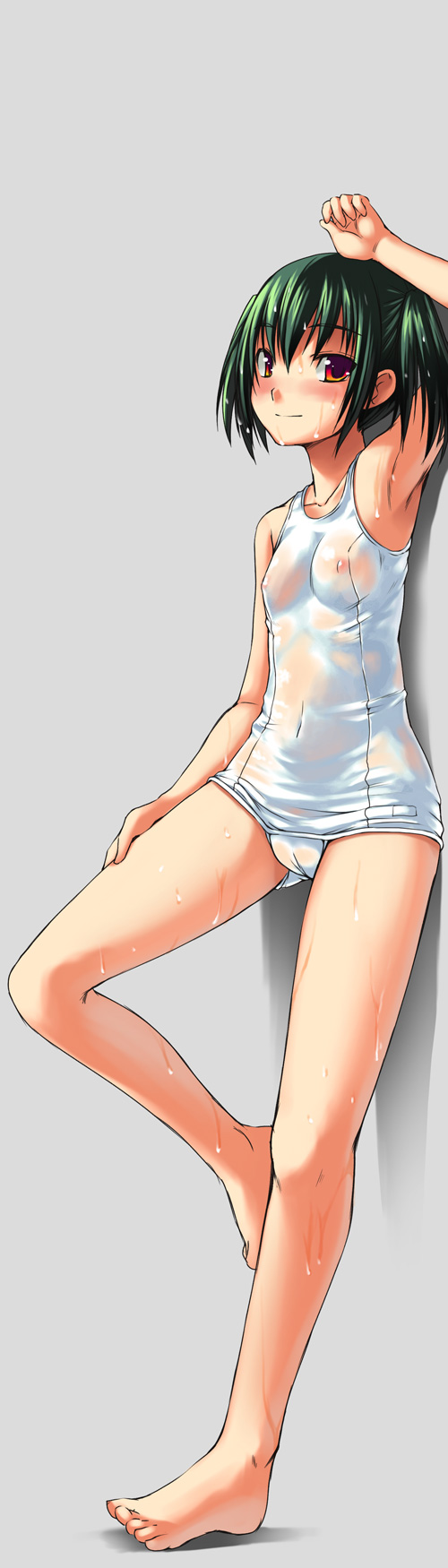 bosshi, yu (bosshi), original, highres, long image, tall image, 1girl, armpits, barefoot, cameltoe, fat mons, feet, female focus, flat chest, green hair, loli, lying, nipples, one-piece swimsuit, red eyes, school swimsuit, see-through clothes, solo, standing, swimsuit, toes, wet, white one-piece swimsuit, white school swimsuit