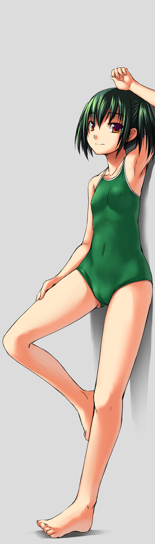 bosshi, yu (bosshi), original, highres, long image, tall image, 1girl, armpits, barefoot, cameltoe, competition school swimsuit, feet, female focus, flat chest, green hair, green one-piece swimsuit, grey background, hand on own thigh, loli, nipples, one-piece swimsuit, red eyes, school swimsuit, solo, swimsuit, toes
