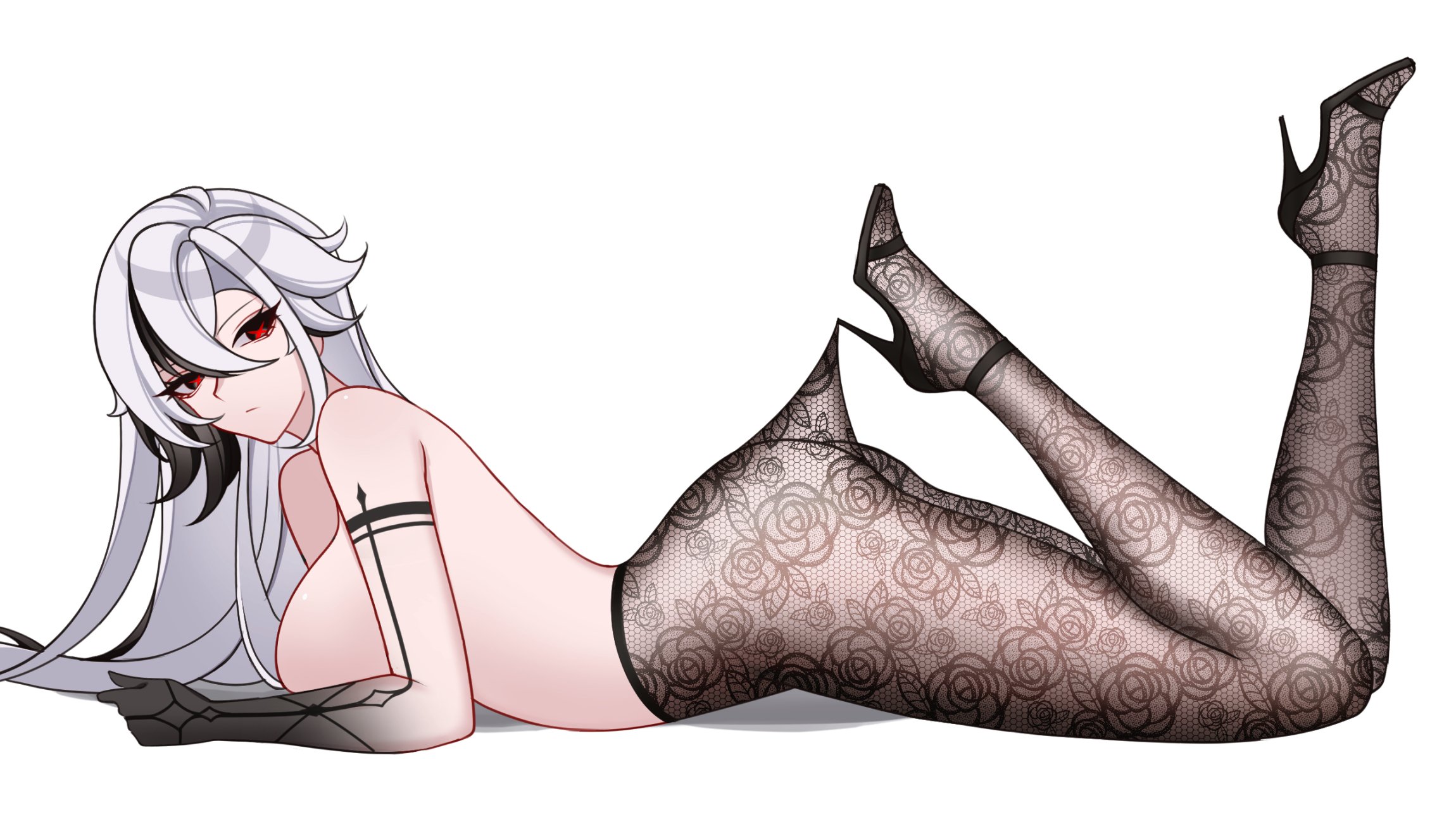 charlie purrito, arlecchino (genshin impact), genshin impact, commentary, english commentary, highres, 1girl, black hands, black pantyhose, black streaks, breasts, closed mouth, colored extremities, from side, hair between eyes, hooked on heel, lace pantyhose, lace pantyhose hooked on heel (meme), large breasts, legs up, long hair, looking to the side, lying, meme, multicolored hair, no bra, on stomach, pantyhose, red pupils, simple background, solo, streaked hair, symbol-shaped pupils, very long hair, white background, white hair, x-shaped pupils