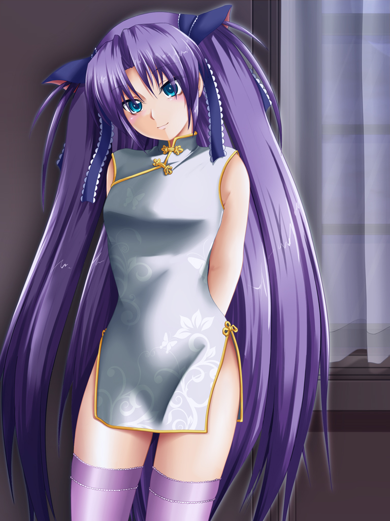 ichirou, sasasegawa sasami, little busters!, bad id, bad pixiv id, blue eyes, china dress, chinese clothes, dress, hair ribbon, long hair, purple hair, ribbon, solo, thighhighs, twintails