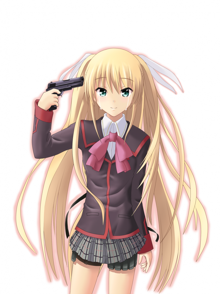 genkai madika, tokido saya, little busters!, 1girl, blonde hair, blue eyes, bow, female focus, gun, gun to head, holding, holding gun, holding weapon, long hair, pink bow, school uniform, skirt, solo, suicide, tears, thigh strap, twintails, weapon