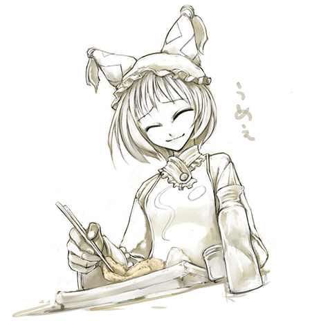 cervus, yakumo ran, touhou, lowres, 1girl, aburaage, animal hat, chopsticks, closed eyes, female focus, food, hat, holding, long sleeves, mob cap, monochrome, sepia, short hair, smile, solo, spot color, tassel, tofu, white background, wide sleeves