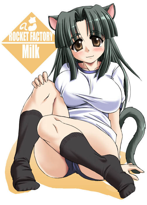 tonpuu, milk (tonpuu), original, animal ears, black socks, breasts, buruma, cat, cat ears, cat tail, feet, grey hair, gym uniform, large breasts, socks, solo, tail